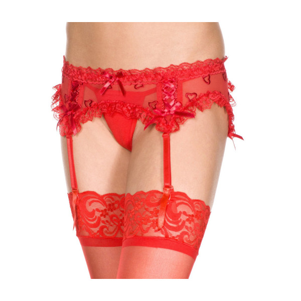 Porte-jarretelles rouge maille et dentelle avec petits coeurs 